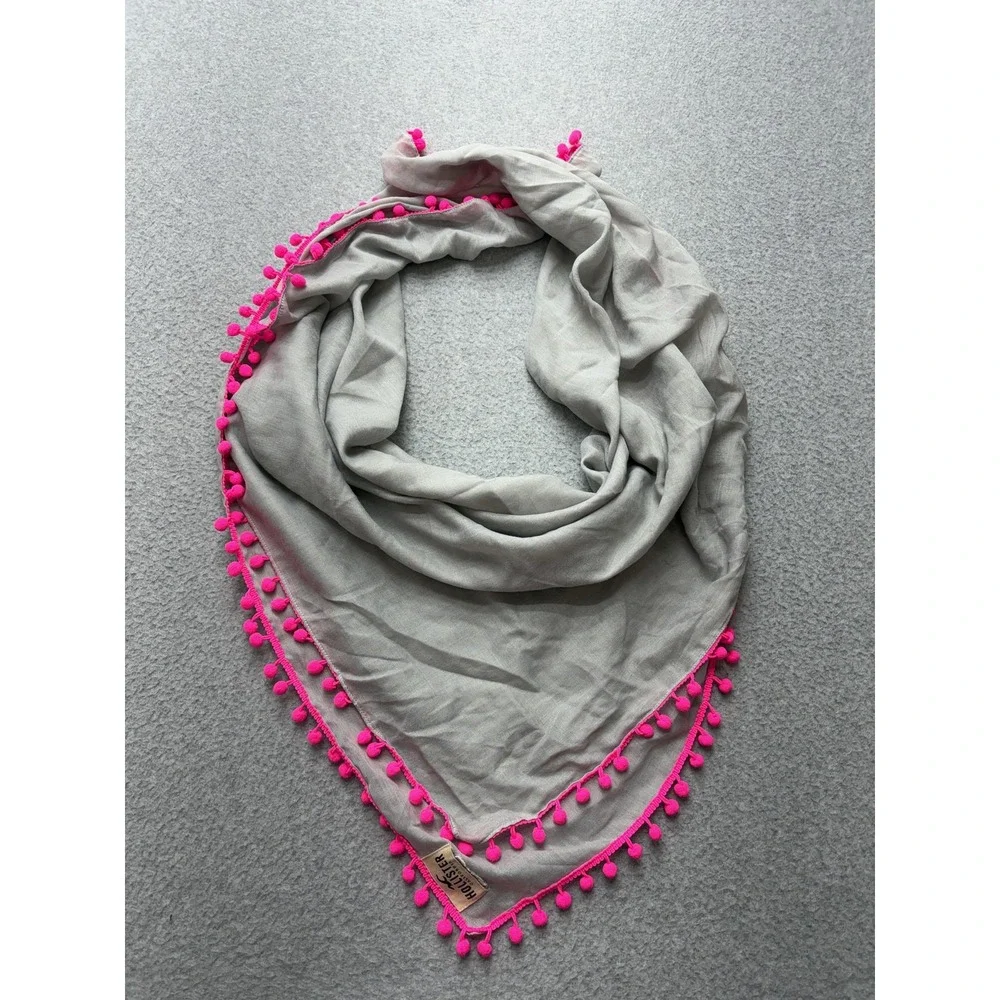 Hollister Scarf Womens One Size Gray Pink Pom Pom Fringe Square Wrap Boho